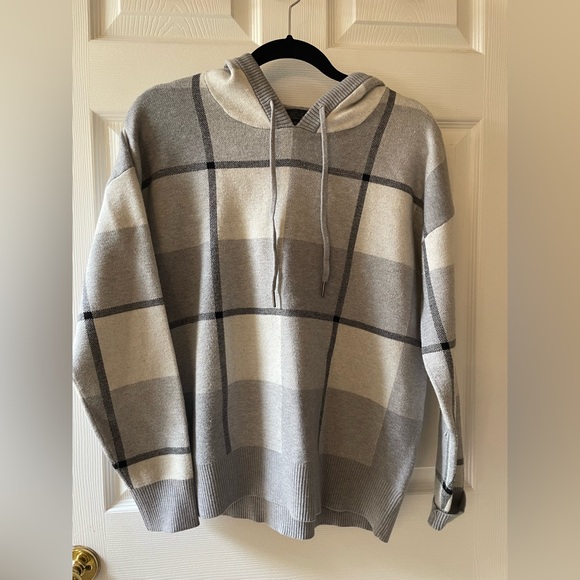 Rachel Roy Hoodie Knit Sweater Plaid Gray Soft Cozy Size Medium - Picture 2 of 5